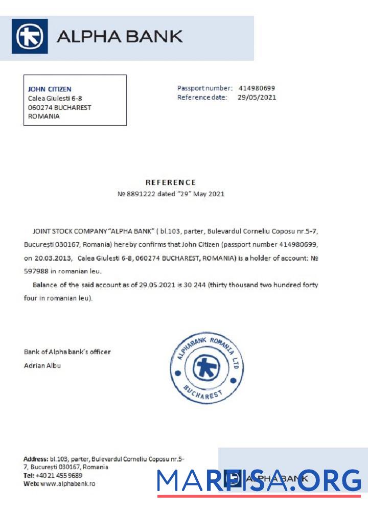 Printable Romania Alpha bank reference example